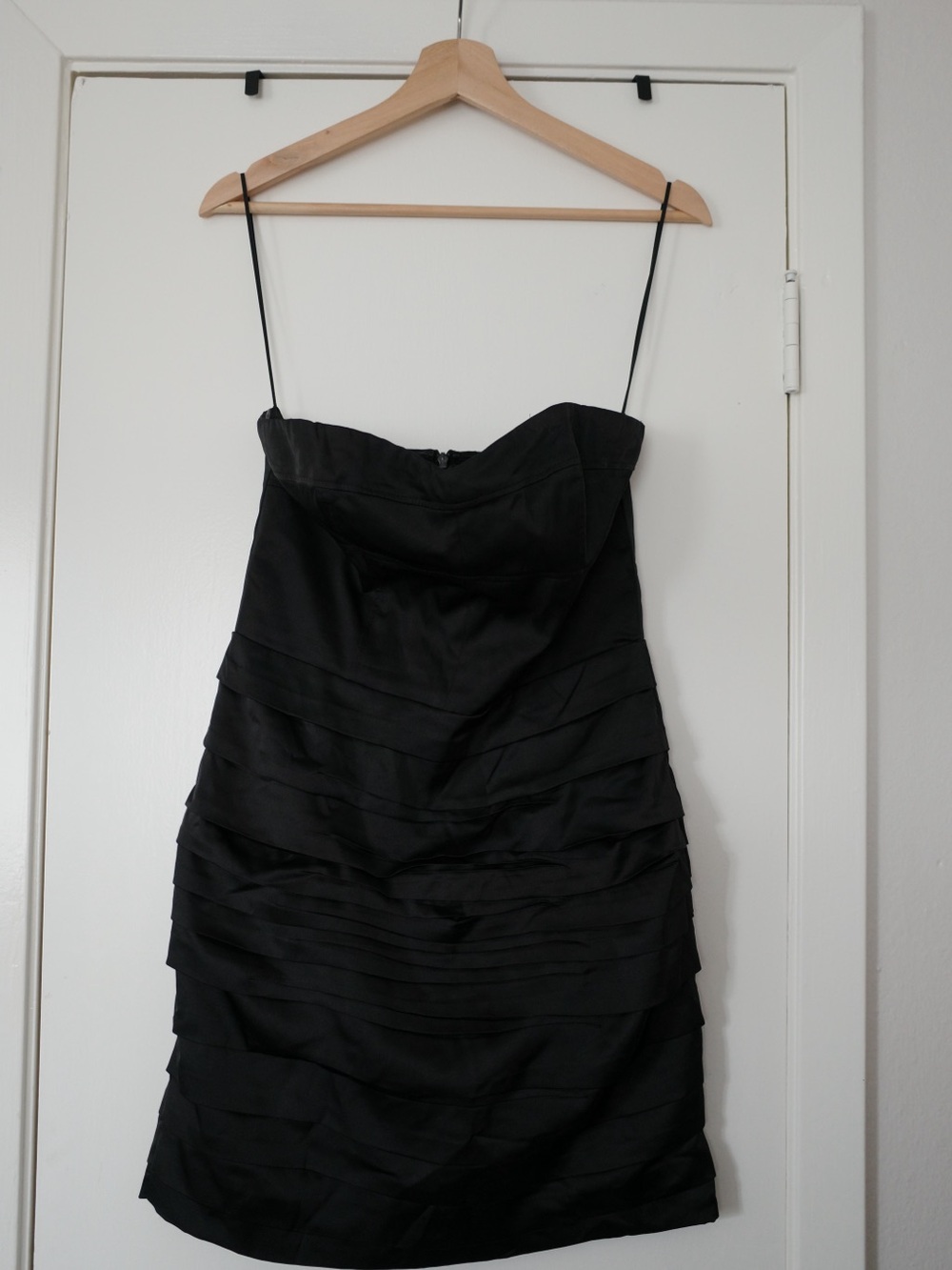 Express Black Satin Strapless Ruffle Tier Cocktail Dress